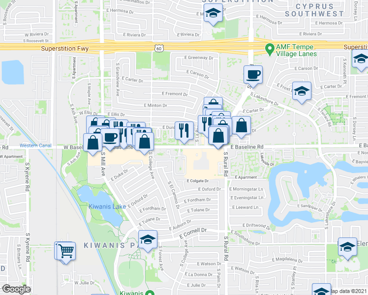 map of restaurants, bars, coffee shops, grocery stores, and more near 577 East Baseline Road in Tempe