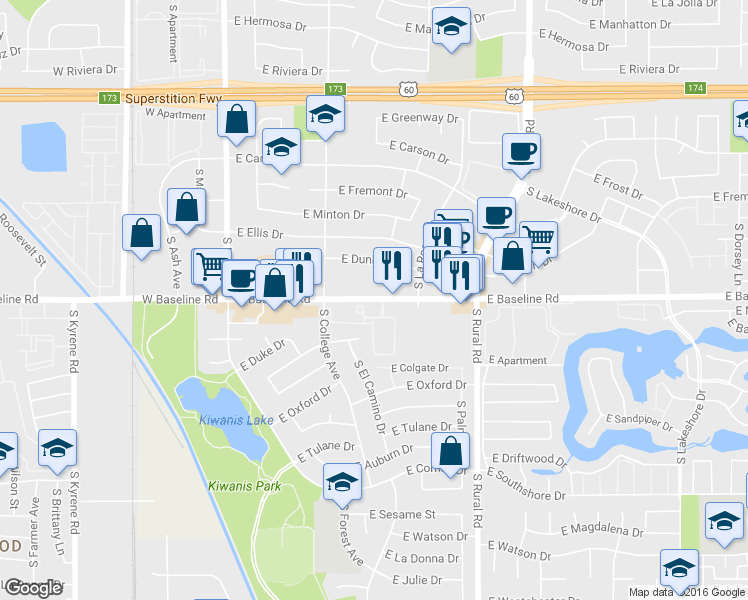 map of restaurants, bars, coffee shops, grocery stores, and more near 557 East Baseline Road in Tempe
