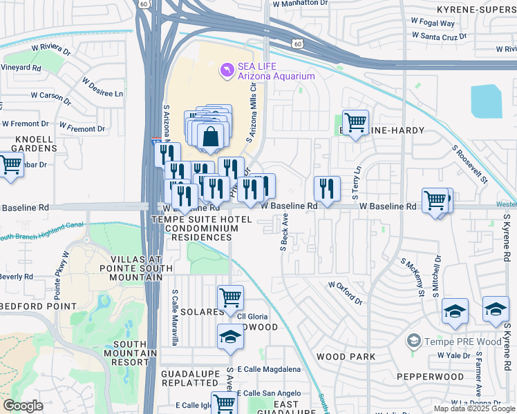 map of restaurants, bars, coffee shops, grocery stores, and more near 1411 West Baseline Road in Tempe