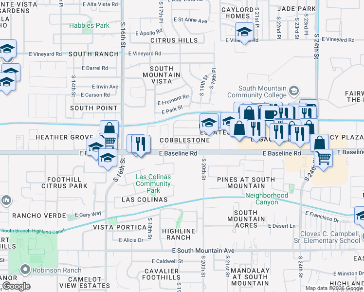 map of restaurants, bars, coffee shops, grocery stores, and more near 1809 East Donner Drive in Phoenix