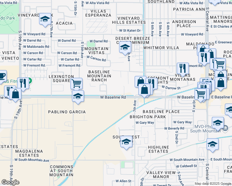 map of restaurants, bars, coffee shops, grocery stores, and more near 1110 West Baseline Road in Phoenix