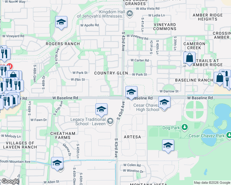 map of restaurants, bars, coffee shops, grocery stores, and more near 7522 South 43rd Drive in Phoenix