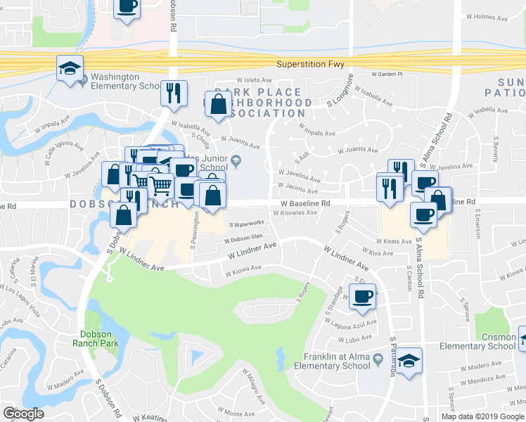 map of restaurants, bars, coffee shops, grocery stores, and more near 1645 West Baseline Road in Mesa