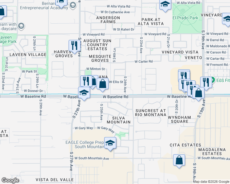 map of restaurants, bars, coffee shops, grocery stores, and more near 2401 West Baseline Road in Phoenix