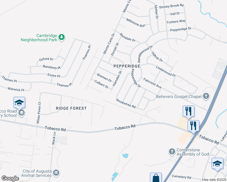 map of restaurants, bars, coffee shops, grocery stores, and more near 3351 Hamden Street in Augusta