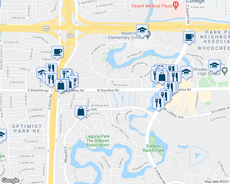 map of restaurants, bars, coffee shops, grocery stores, and more near 1864 South Las Palmas Circle in Mesa