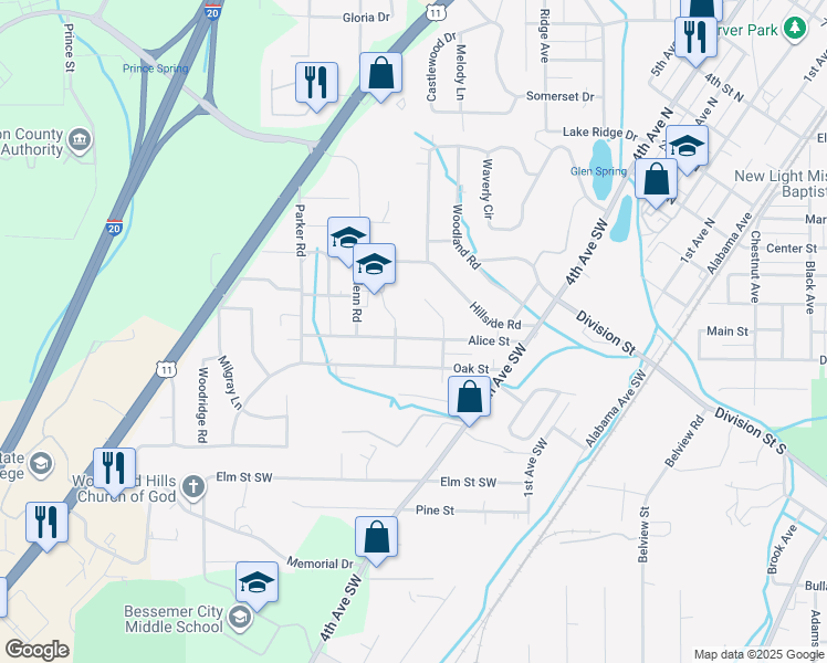 map of restaurants, bars, coffee shops, grocery stores, and more near 521 Alice Street in Bessemer