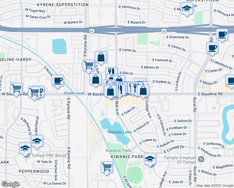 map of restaurants, bars, coffee shops, grocery stores, and more near E Baseline Rd & S Mill Ave in Tempe