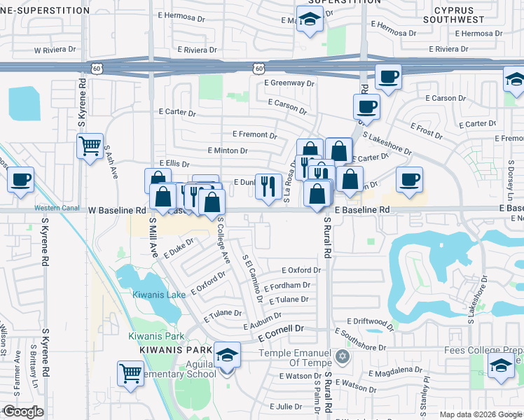 map of restaurants, bars, coffee shops, grocery stores, and more near 557 East Baseline Road in Tempe