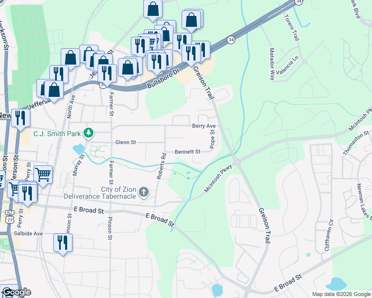 map of restaurants, bars, coffee shops, grocery stores, and more near 20B Bennett Street in Newnan