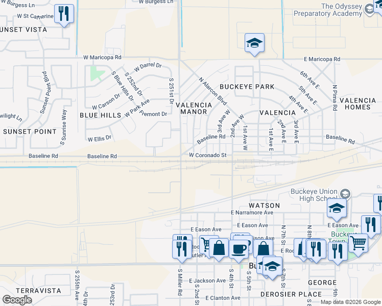 map of restaurants, bars, coffee shops, grocery stores, and more near 603 West Baseline Road in Buckeye