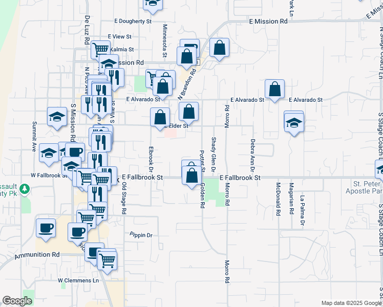 map of restaurants, bars, coffee shops, grocery stores, and more near 728 Hackberry Place in Fallbrook