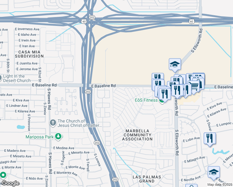 map of restaurants, bars, coffee shops, grocery stores, and more near 8853 East Baseline Road in Mesa