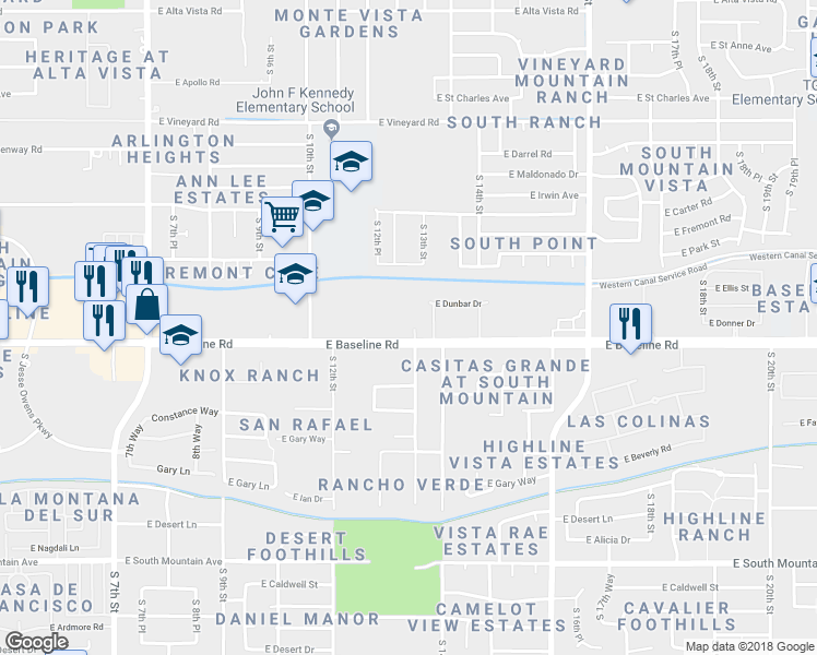 map of restaurants, bars, coffee shops, grocery stores, and more near 1238 East Baseline Road in Phoenix