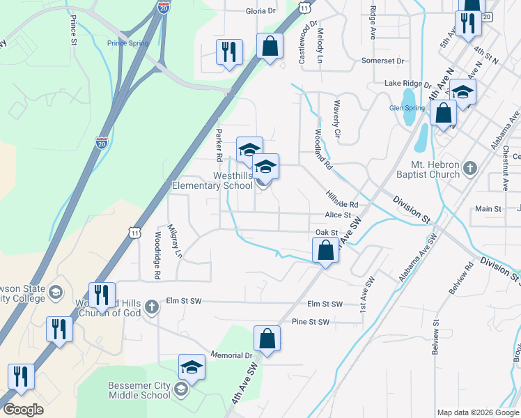 map of restaurants, bars, coffee shops, grocery stores, and more near 621 Alice Street in Bessemer