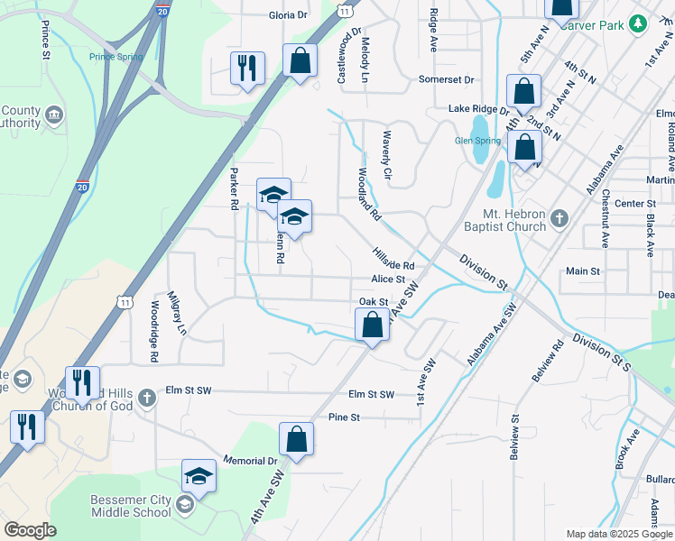 map of restaurants, bars, coffee shops, grocery stores, and more near 525 Alice Street in Bessemer