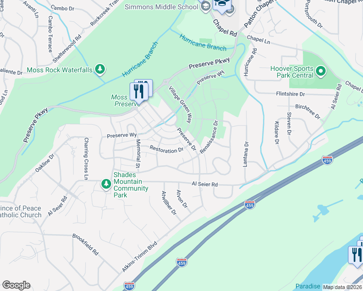 map of restaurants, bars, coffee shops, grocery stores, and more near 600 Restoration Drive in Birmingham