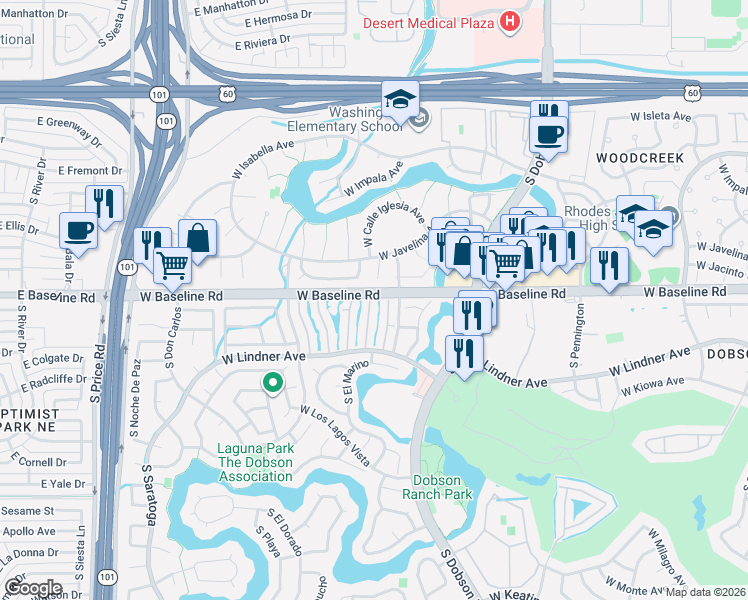 map of restaurants, bars, coffee shops, grocery stores, and more near 2232 West Lindner Avenue in Mesa