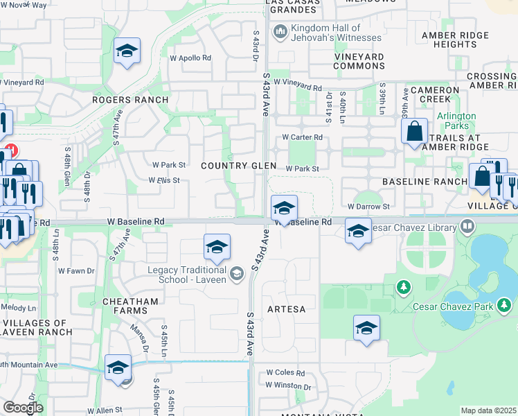 map of restaurants, bars, coffee shops, grocery stores, and more near 7526 South 43rd Drive in Phoenix