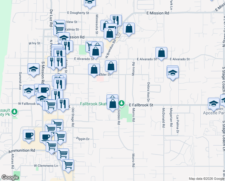 map of restaurants, bars, coffee shops, grocery stores, and more near 728 Hackberry Place in Fallbrook