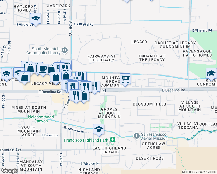 map of restaurants, bars, coffee shops, grocery stores, and more near 2707 East Donner Drive in Phoenix