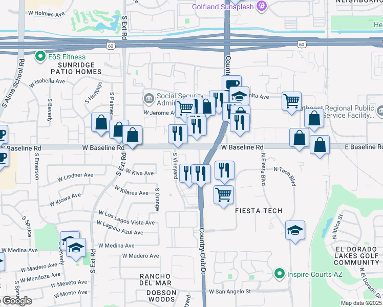 map of restaurants, bars, coffee shops, grocery stores, and more near 455 West Baseline Road in Mesa