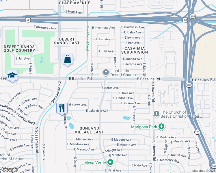 map of restaurants, bars, coffee shops, grocery stores, and more near 8020 East Keats Avenue in Mesa