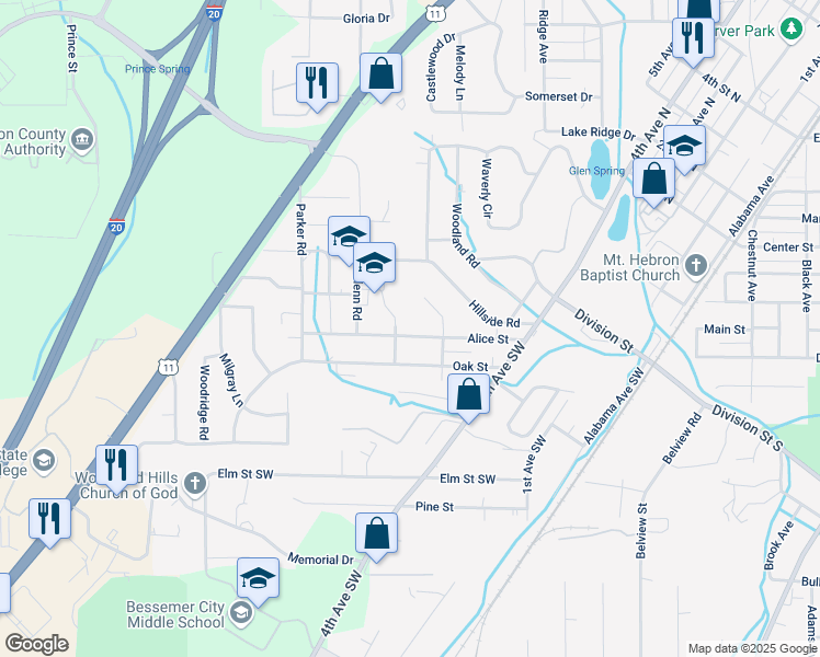 map of restaurants, bars, coffee shops, grocery stores, and more near 525 Alice Street in Bessemer