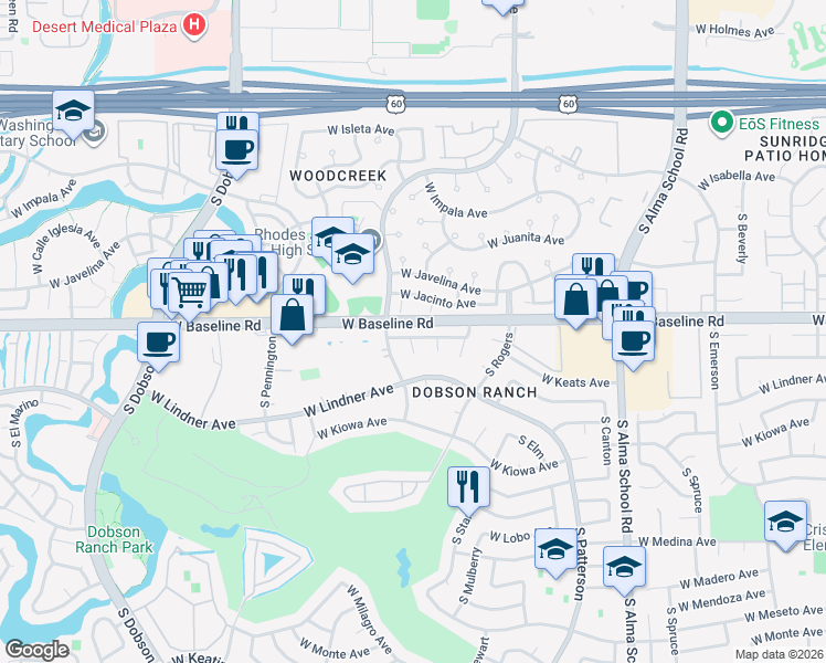 map of restaurants, bars, coffee shops, grocery stores, and more near 2021 South Longmore in Mesa