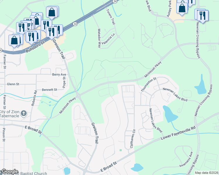 map of restaurants, bars, coffee shops, grocery stores, and more near 30 Jacks Drive in Newnan