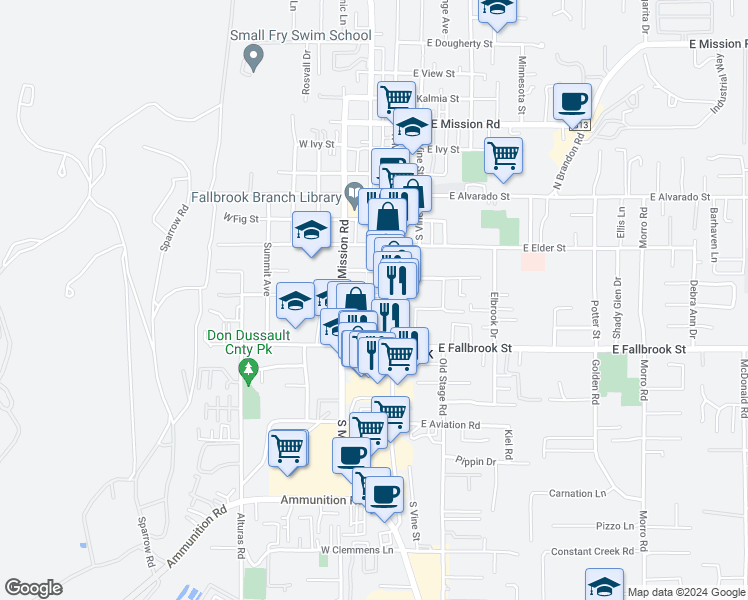 map of restaurants, bars, coffee shops, grocery stores, and more near 500-2 West Fallbrook Street in Fallbrook