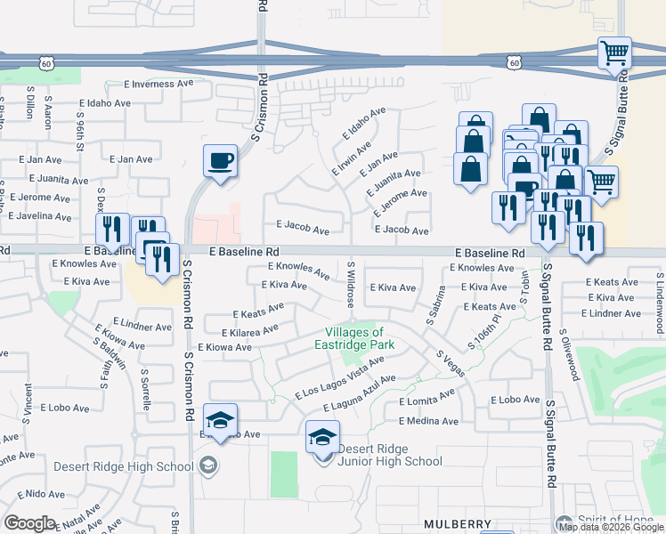 map of restaurants, bars, coffee shops, grocery stores, and more near 2040 South Boca Circle in Mesa