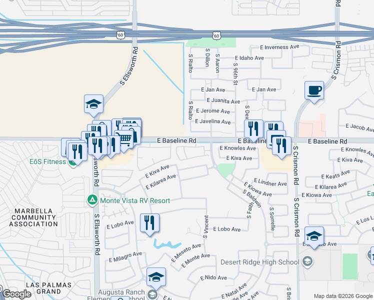 map of restaurants, bars, coffee shops, grocery stores, and more near 2024 South Baldwin in Mesa