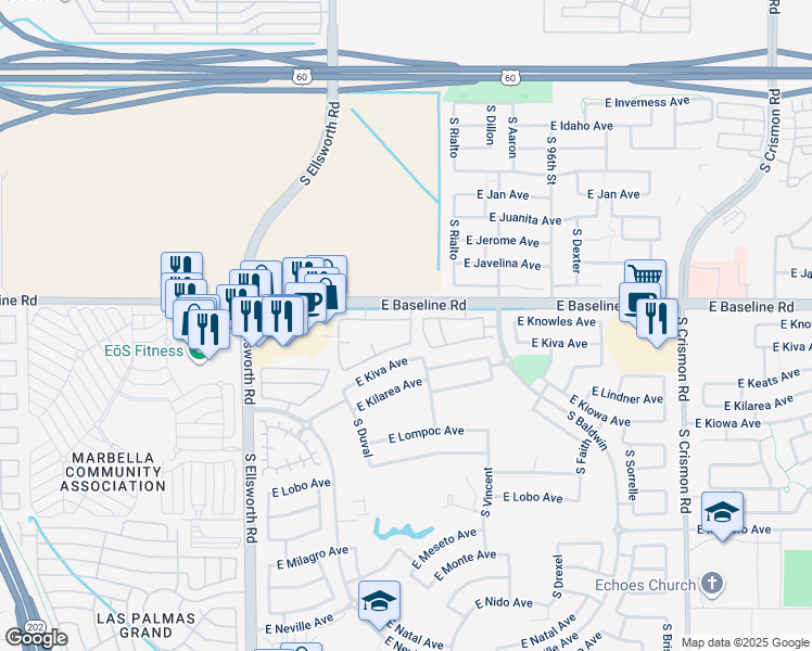 map of restaurants, bars, coffee shops, grocery stores, and more near 9335 East Baseline Road in Mesa