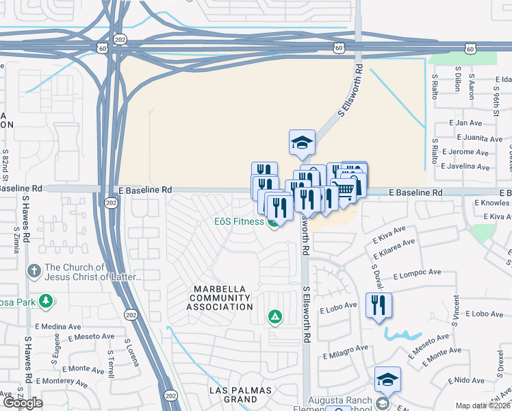 map of restaurants, bars, coffee shops, grocery stores, and more near 9053 East Baseline Road in Mesa