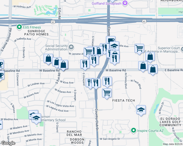 map of restaurants, bars, coffee shops, grocery stores, and more near 455 West Baseline Road in Mesa