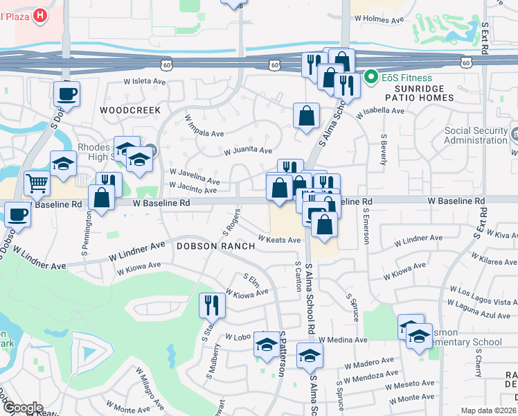map of restaurants, bars, coffee shops, grocery stores, and more near 1331 West Baseline Road in Mesa