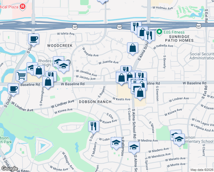 map of restaurants, bars, coffee shops, grocery stores, and more near 132 South Dobson Bay Club in Mesa
