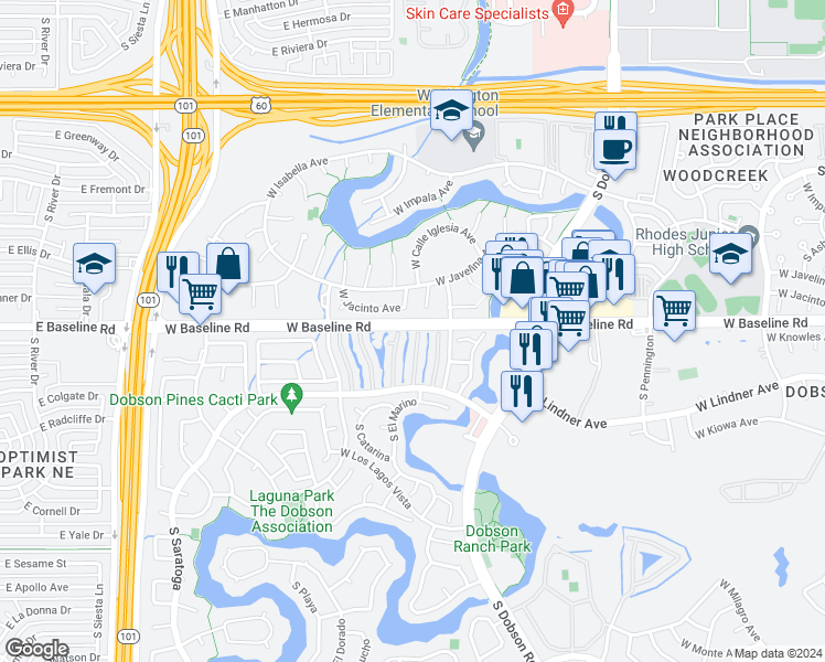 map of restaurants, bars, coffee shops, grocery stores, and more near 2232 West Lindner Avenue in Mesa
