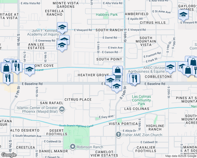 map of restaurants, bars, coffee shops, grocery stores, and more near 7529 South 14th Street in Phoenix