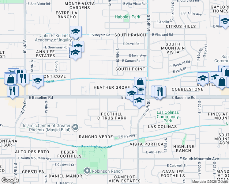 map of restaurants, bars, coffee shops, grocery stores, and more near 7529 South 14th Street in Phoenix