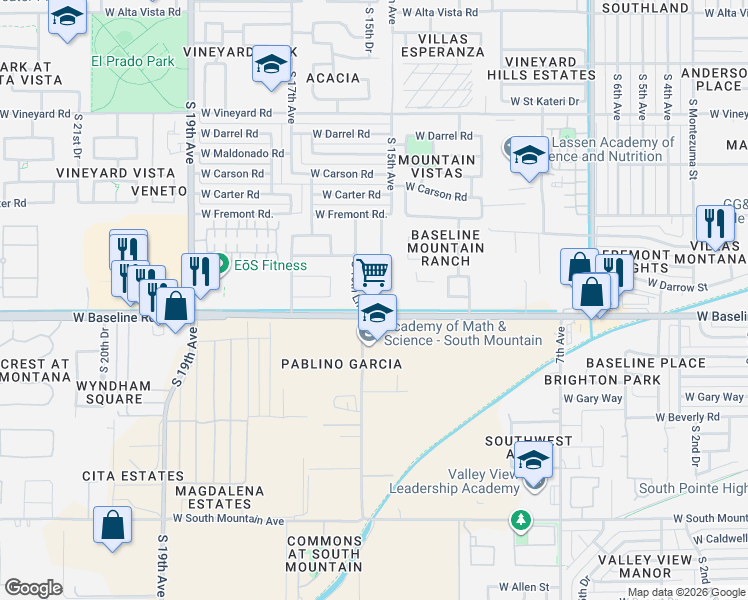 map of restaurants, bars, coffee shops, grocery stores, and more near 7524 South 15th Lane in Phoenix