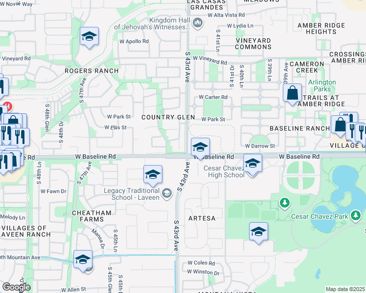 map of restaurants, bars, coffee shops, grocery stores, and more near 7526 South 43rd Drive in Phoenix