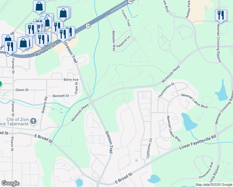map of restaurants, bars, coffee shops, grocery stores, and more near 20 Umber Lane in Newnan