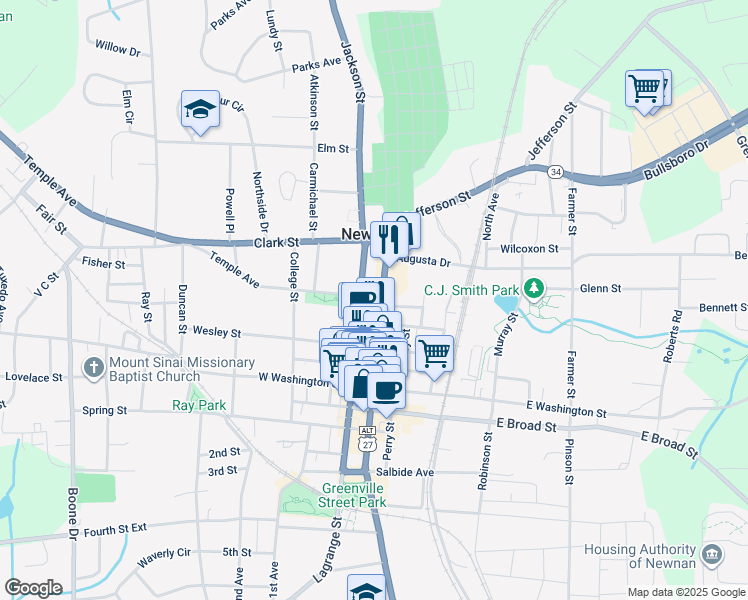 map of restaurants, bars, coffee shops, grocery stores, and more near 59 Jackson Street in Newnan