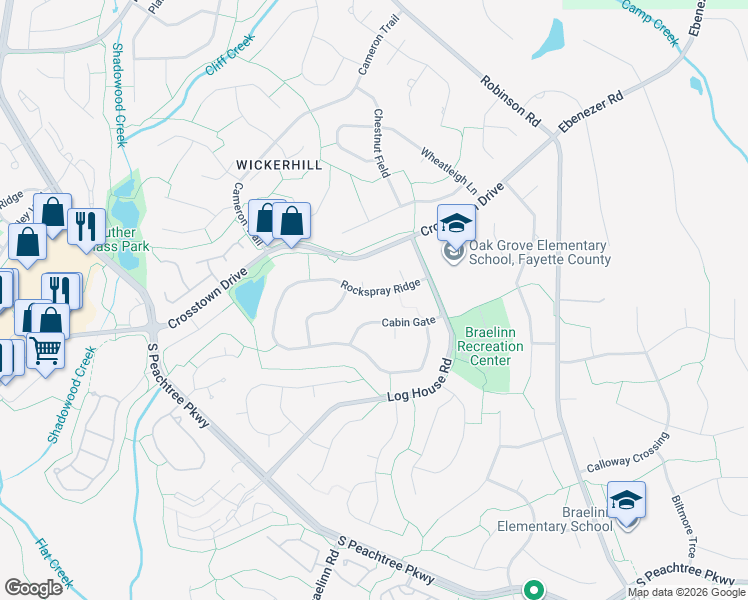 map of restaurants, bars, coffee shops, grocery stores, and more near 109 Cabin Gate in Peachtree City