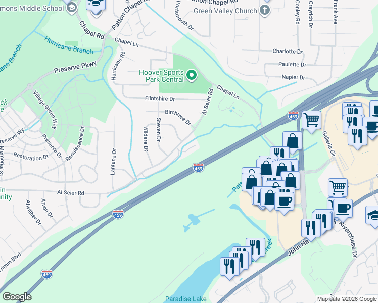 map of restaurants, bars, coffee shops, grocery stores, and more near 1451 Al Seier Road in Birmingham