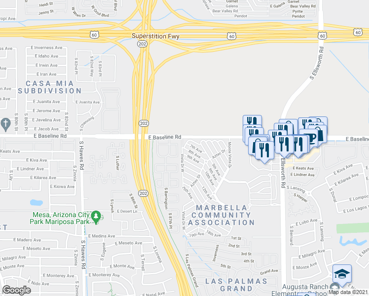 map of restaurants, bars, coffee shops, grocery stores, and more near 8th Avenue in Mesa