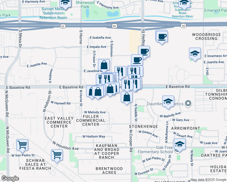 map of restaurants, bars, coffee shops, grocery stores, and more near 1085 E Baseline Rd in Gilbert
