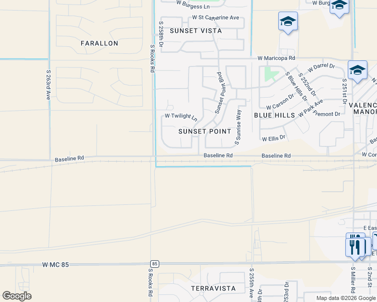map of restaurants, bars, coffee shops, grocery stores, and more near 25763 West Satellite Lane in Buckeye